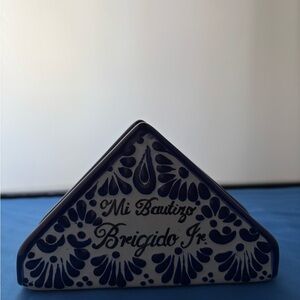 Napkin or letter holder, hand painted, Mexican Pottery. Blue and white.